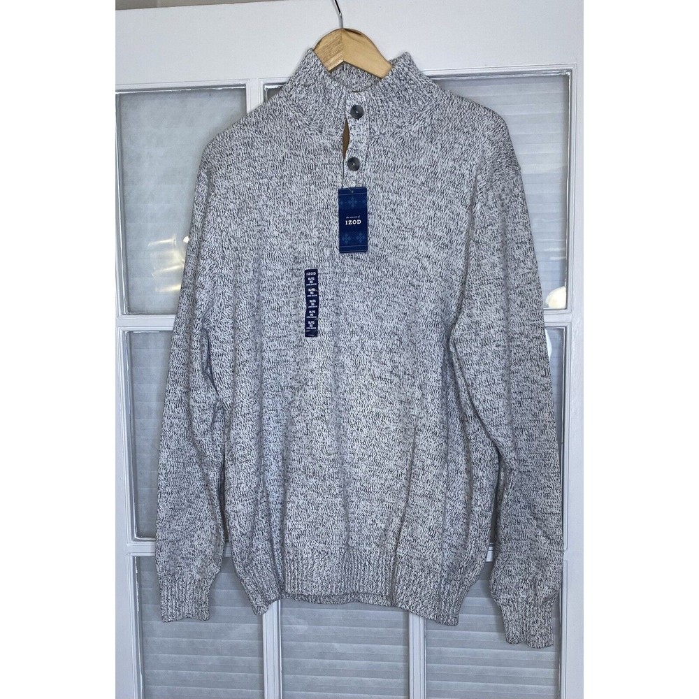 Izod Sweater Mens  1/4 Grey Button Pullover Casual Knit Size XL - NWT